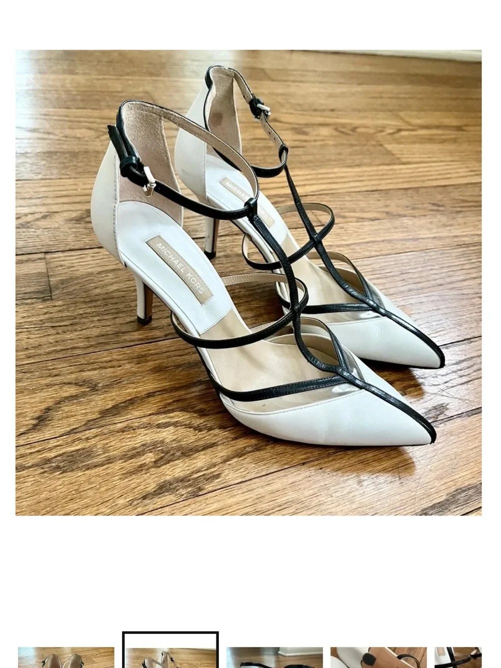 Michael Kors 39 Elegant Two-Tone White and Black Pointed T-Strap Women's Heels